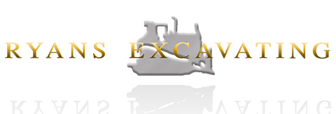 Ryan's Excavating Logo - transparent image of ryans excavating text centered over a bulldozer with a reflection