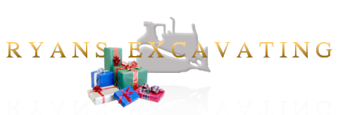 Ryan's Excavating Logo - transparent image of ryans excavating text centered over a bulldozer with a reflection