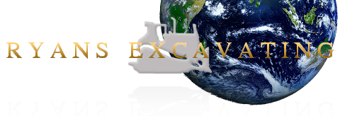 Ryan's Excavating Logo - transparent image of ryans excavating text centered over a bulldozer with a reflection