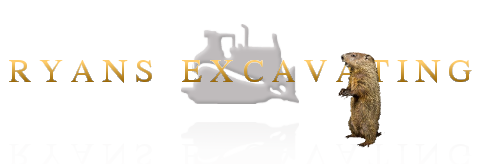 Ryan's Excavating Logo - transparent image of ryans excavating text centered over a bulldozer with a reflection