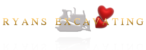 Ryan's Excavating Logo - transparent image of ryans excavating text centered over a bulldozer with a reflection